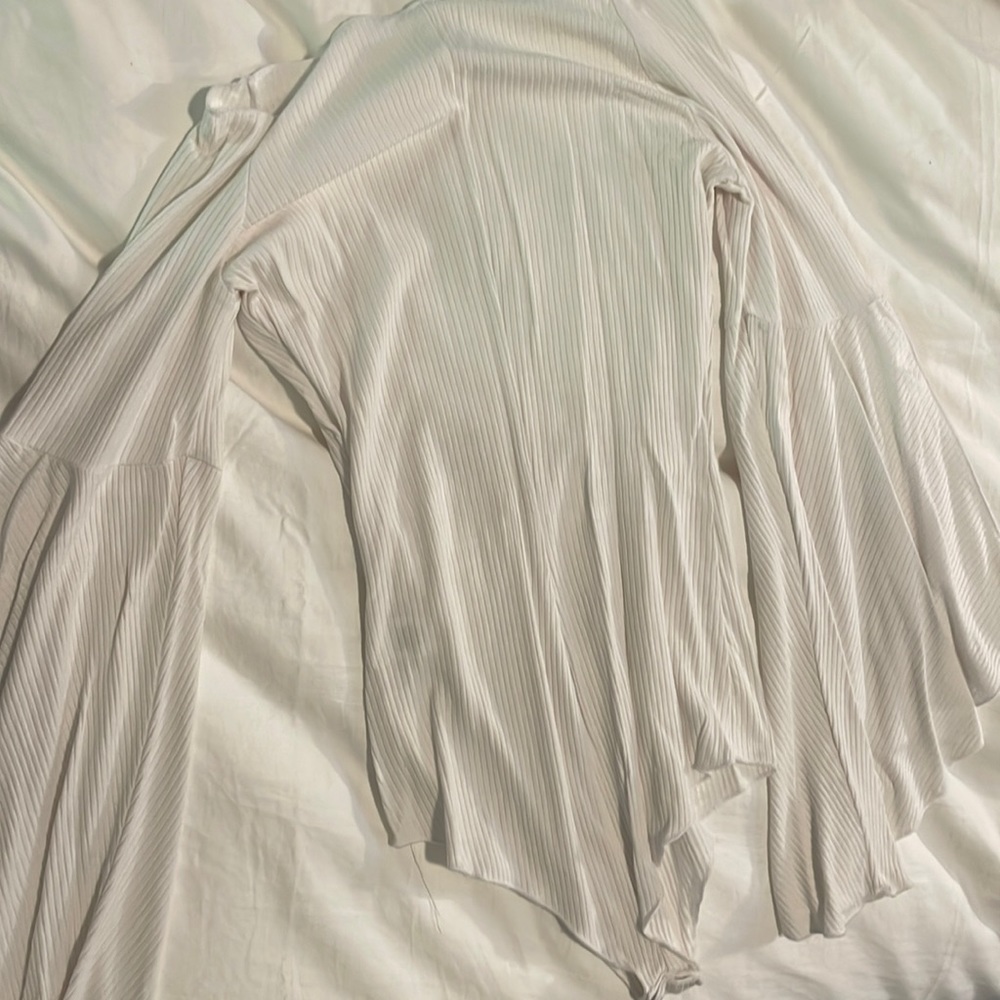 Emma and Sam LF white ribbed bodysuit with flare sleeves